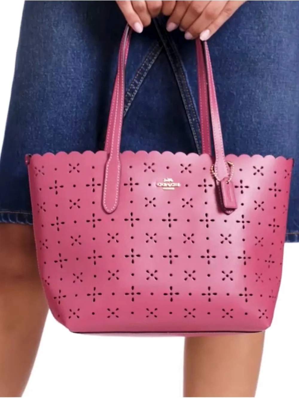 Coach Rose-Red Laser Cut Scalloped Edge Mini City Tote - Picture 4 of 16